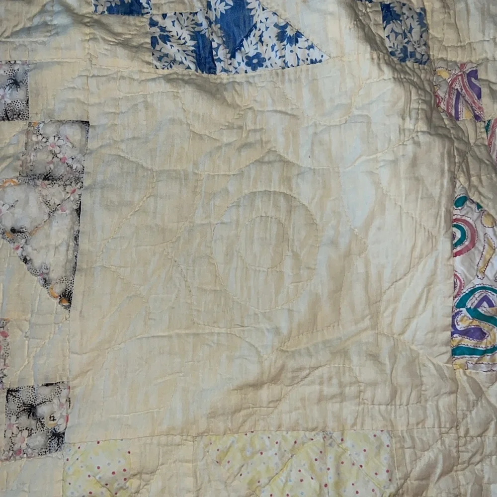 Antique twin size handmade squares patchwork triangle quilt 54” x 80”